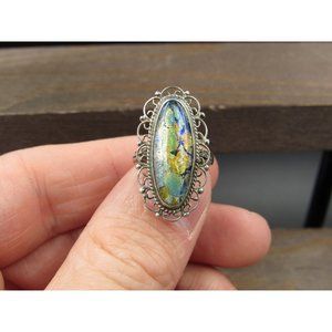 Size 5 Sterling Silver Tarnished Colorful Resin Long Band Ring
